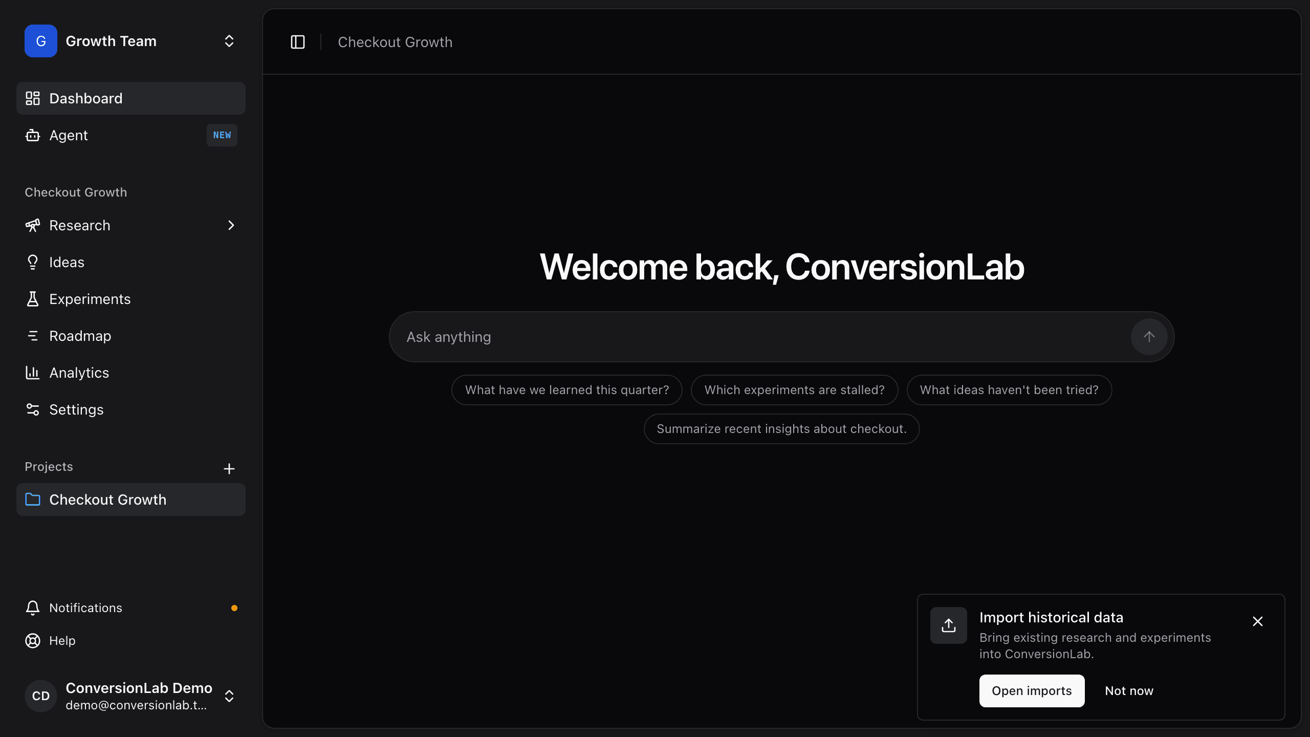 ConversionLab dashboard with the Agent prompt
