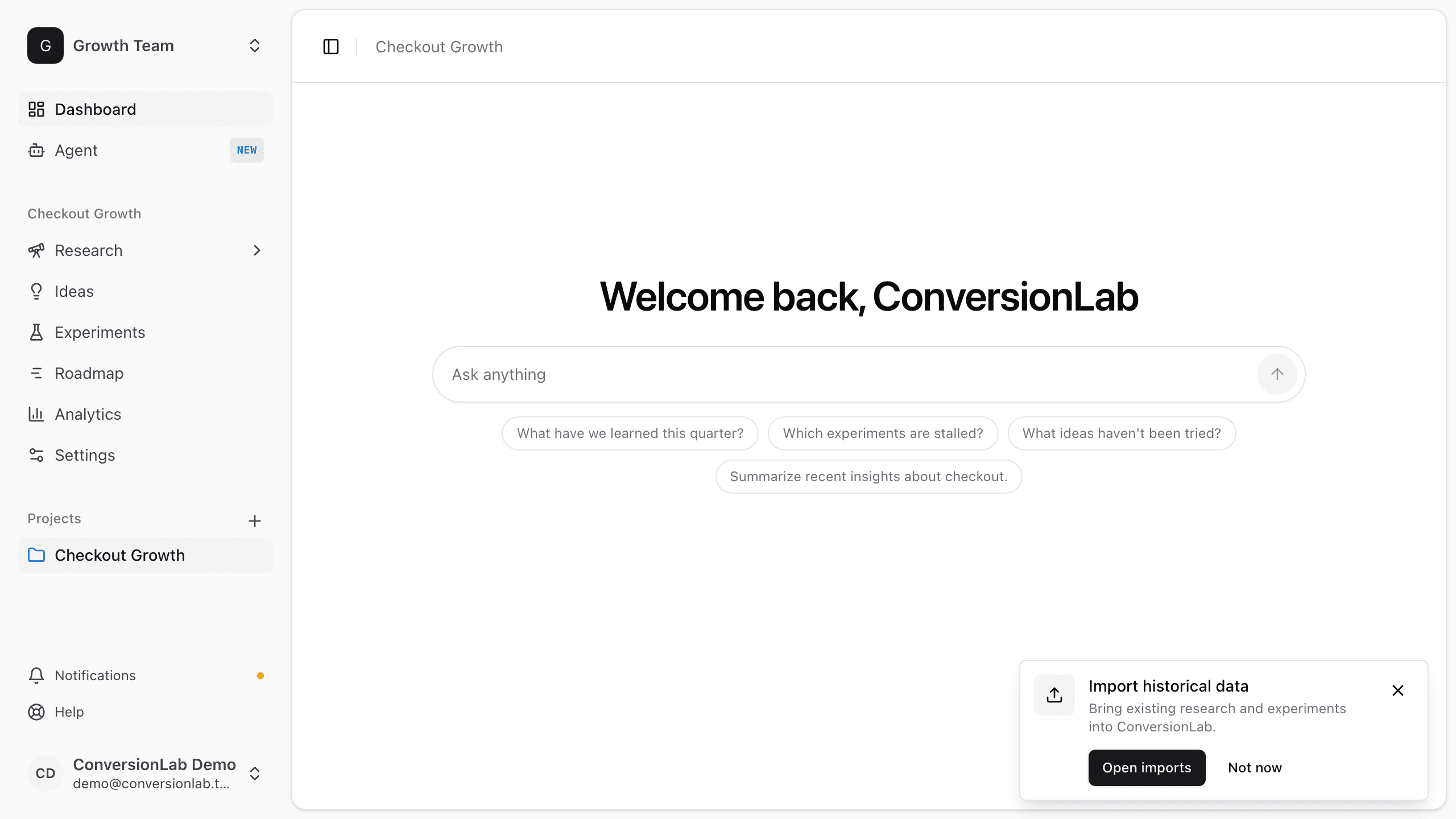 ConversionLab dashboard with the Agent prompt