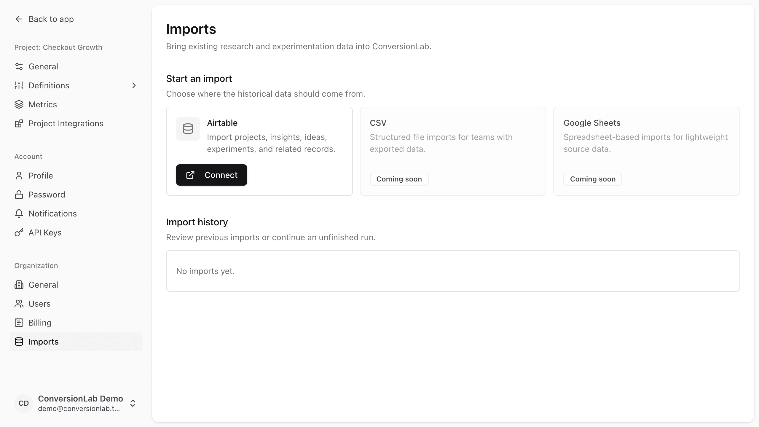 ConversionLab import screen with Airtable, CSV, and Google Sheets options