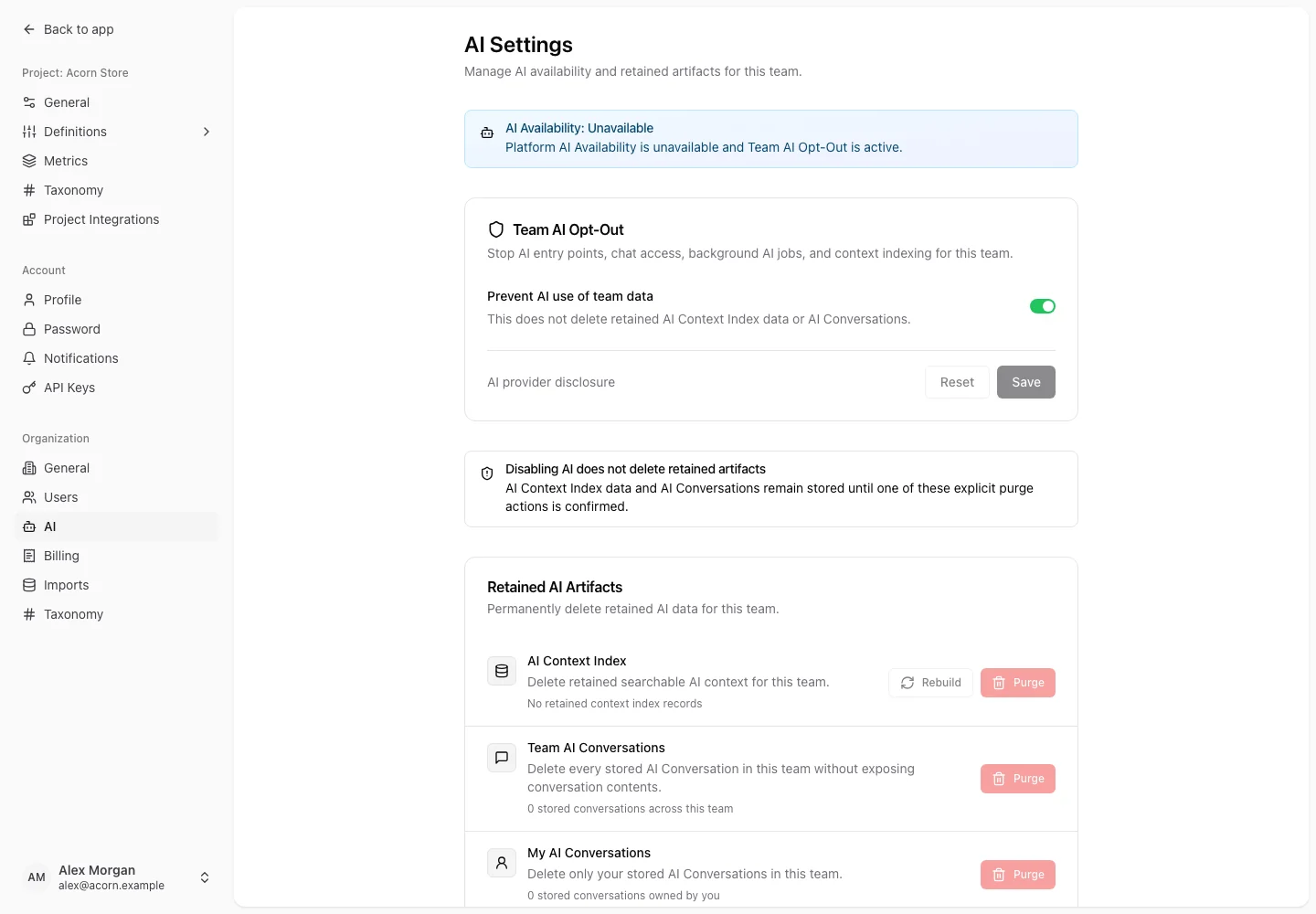 AI settings for Acorn Outfitters with Team AI Opt-Out enabled, effective AI availability, and separate controls for retained artifacts.