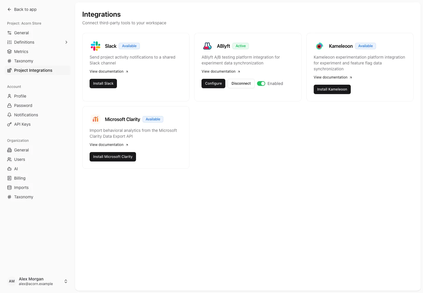 Project integrations for the fictional Acorn Store, with an active ABlyft connection and available Kameleoon, Microsoft Clarity, and Slack integrations.