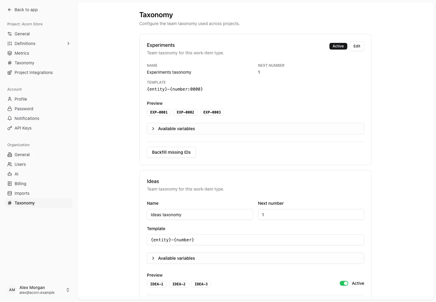 Team taxonomy settings for experiments showing the readable-ID template, next sequence number, and generated EXP-0001 preview.