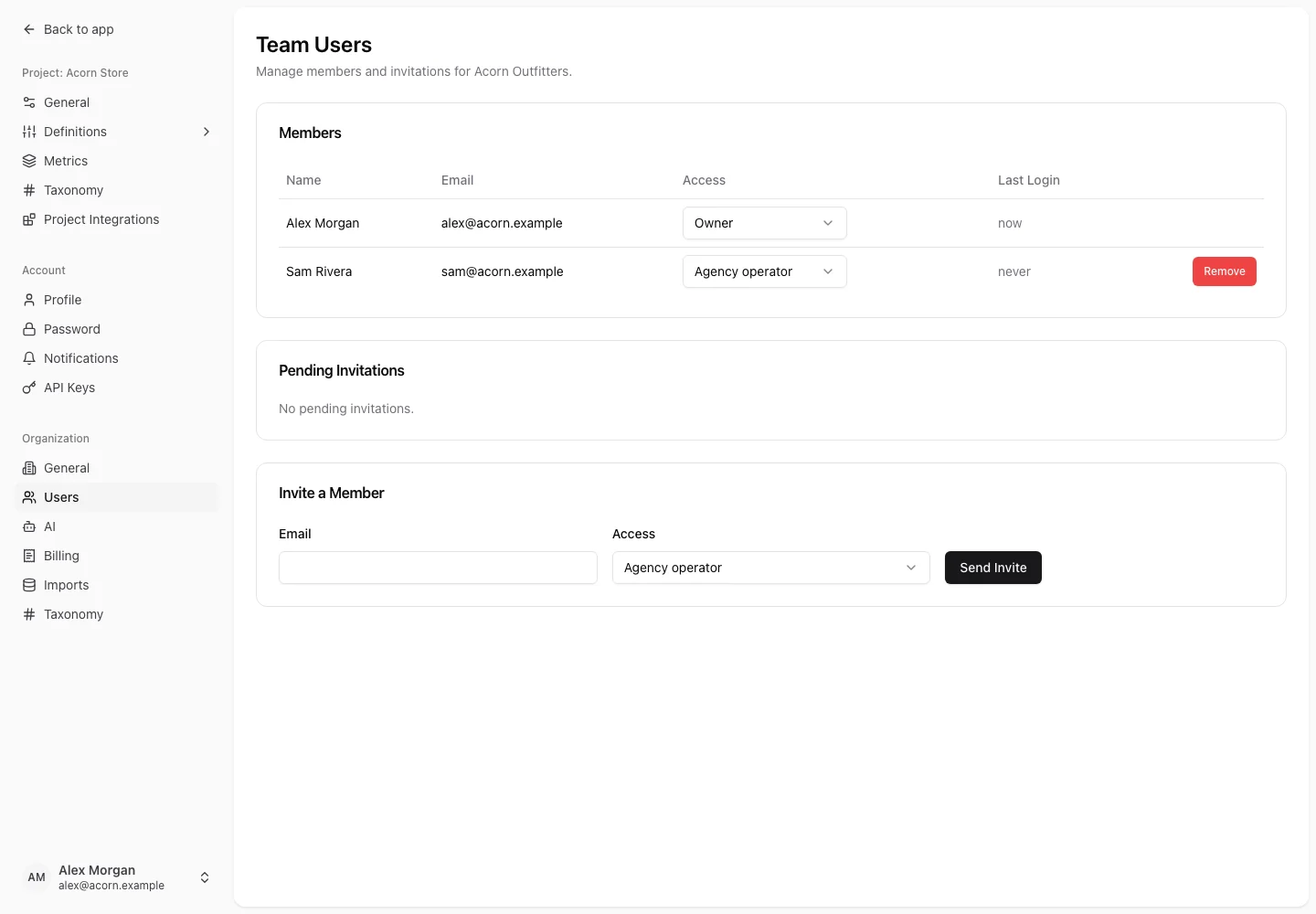 Team Users for a fictional team, showing member access, pending invitations, and the Invite a Member form.